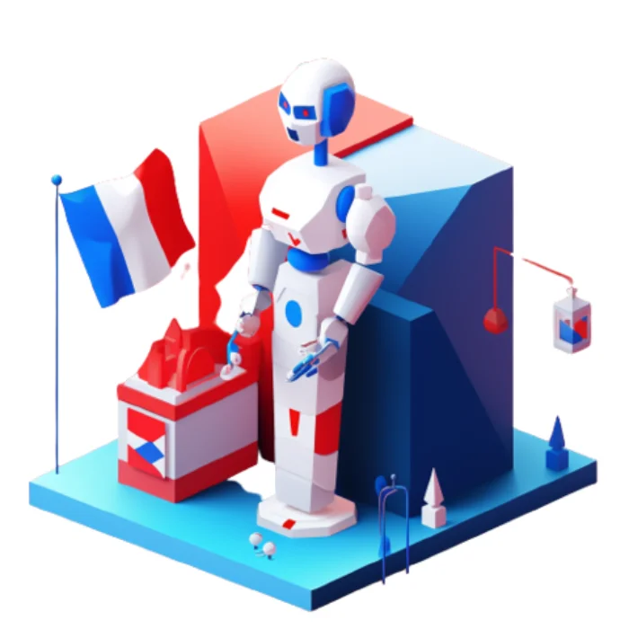 chatbot devant une agence et un drapeau français