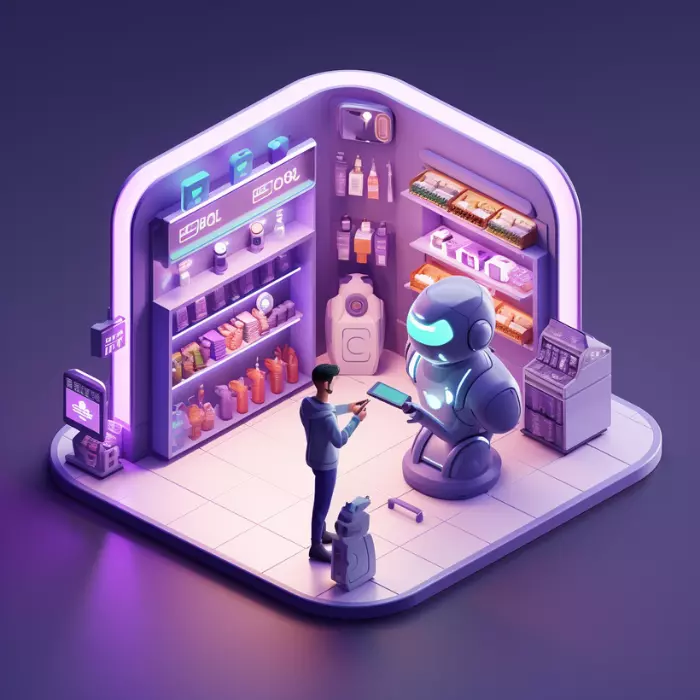 Un client souriant interagissant avec un robot amical dans un magasin de détail, illustrant une expérience phygitale réussie.